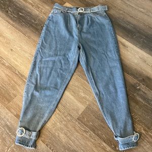 High waist barrel jeans with embellished belt and cuffed bottom